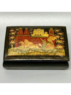 Russian Palekh Lacquer Box Troika Kremlin Scene Signed Salin 1992 Hand Painted
